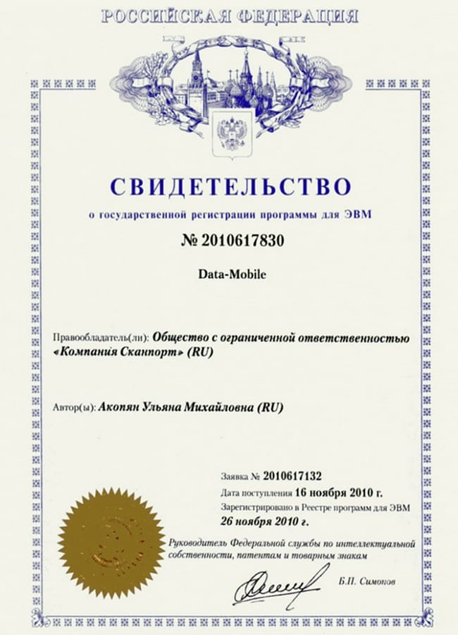 Свидетельство о регистрации DataMobile 2010